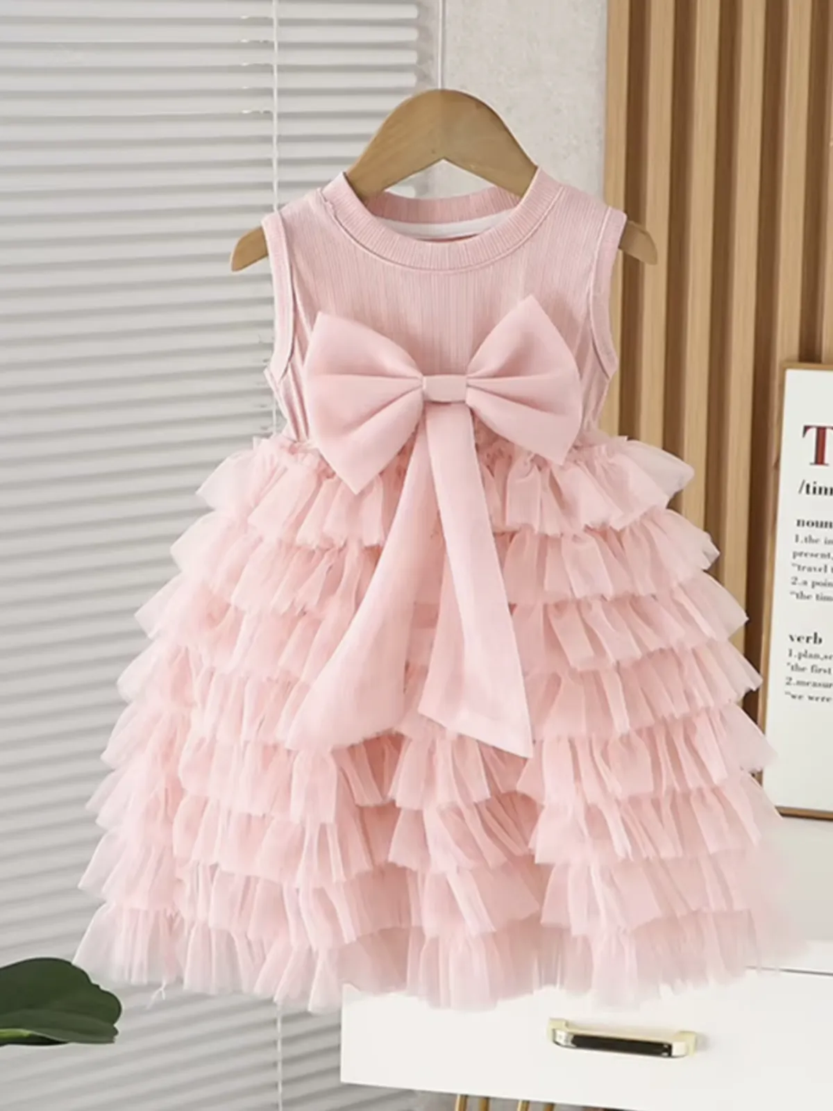 Adorable Layered Ruffle Tulle Dress with Bow Accent