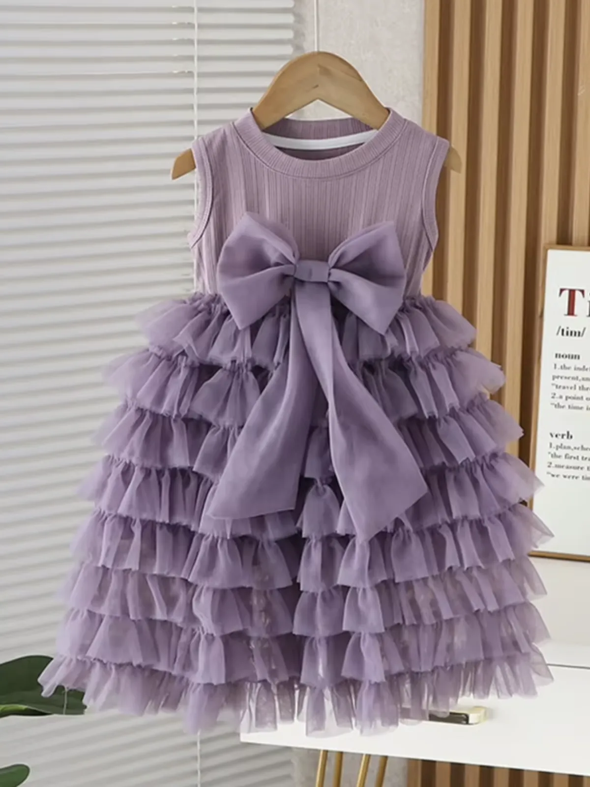 Adorable Layered Ruffle Tulle Dress with Bow Accent