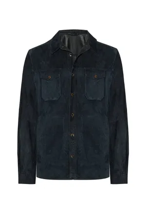 Adrien Men's Suede Leather Overshirt - Navy Blue