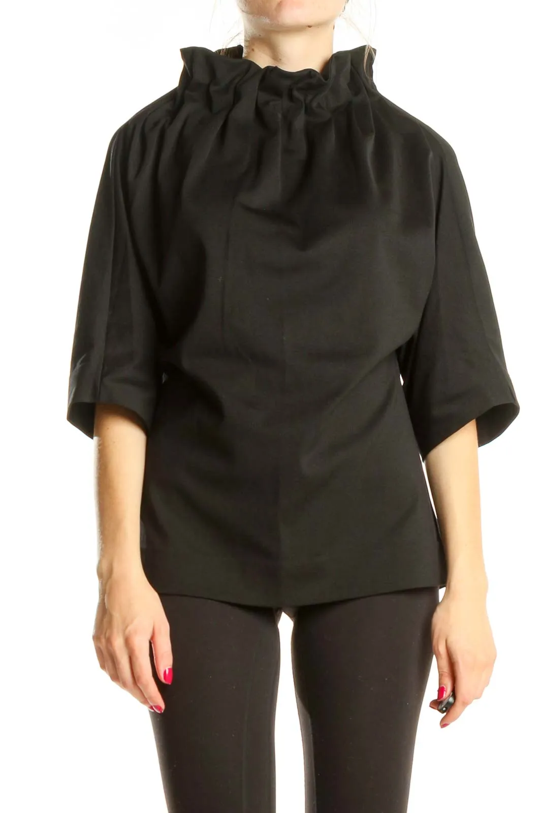 Black Structured Chic Top With Scrunch Neck Detail