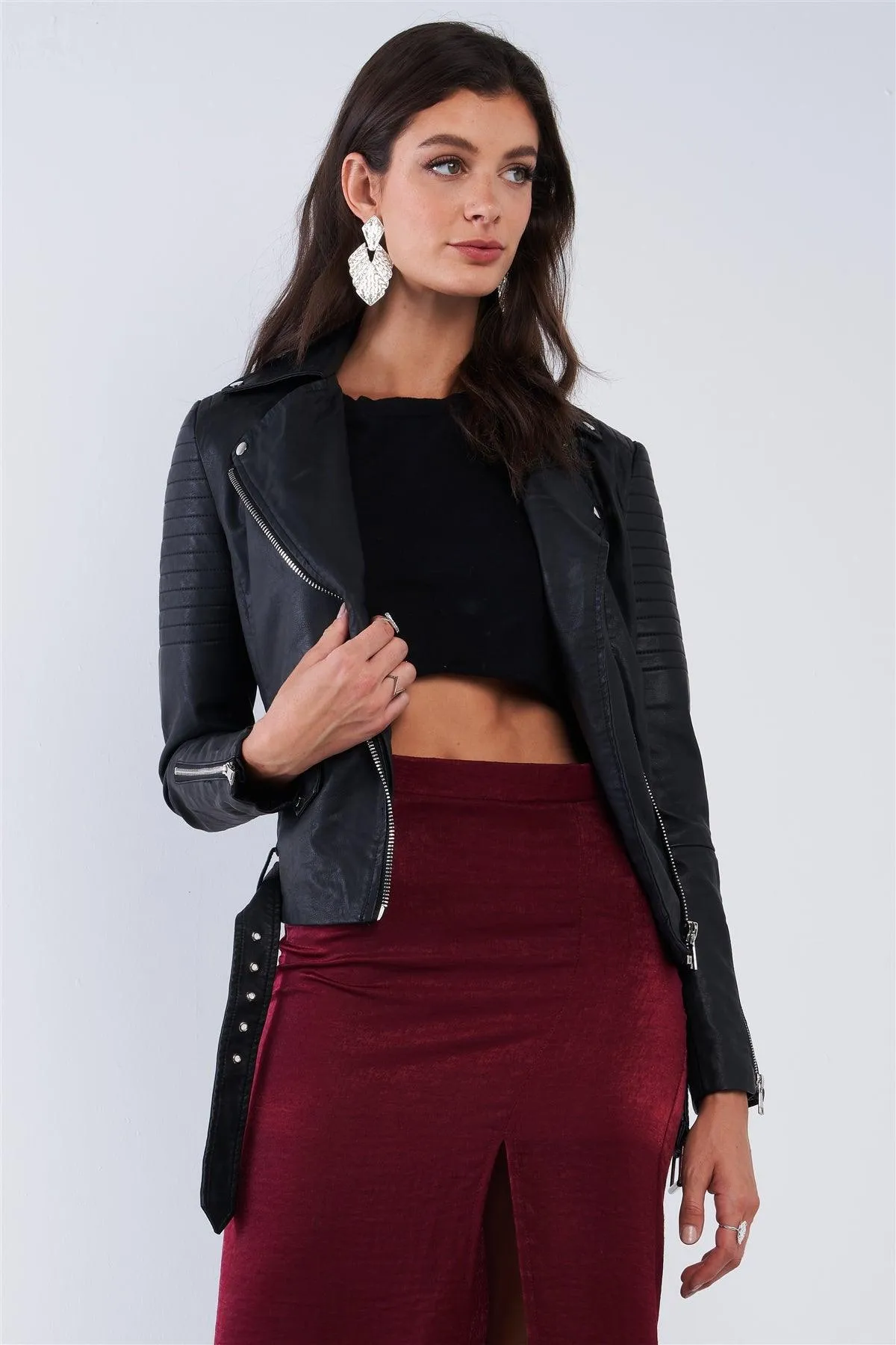 Black Vegan Leather Oblique Zipper Ribbed Shoulder Belted Cropped Moto Jacket /2-2-2