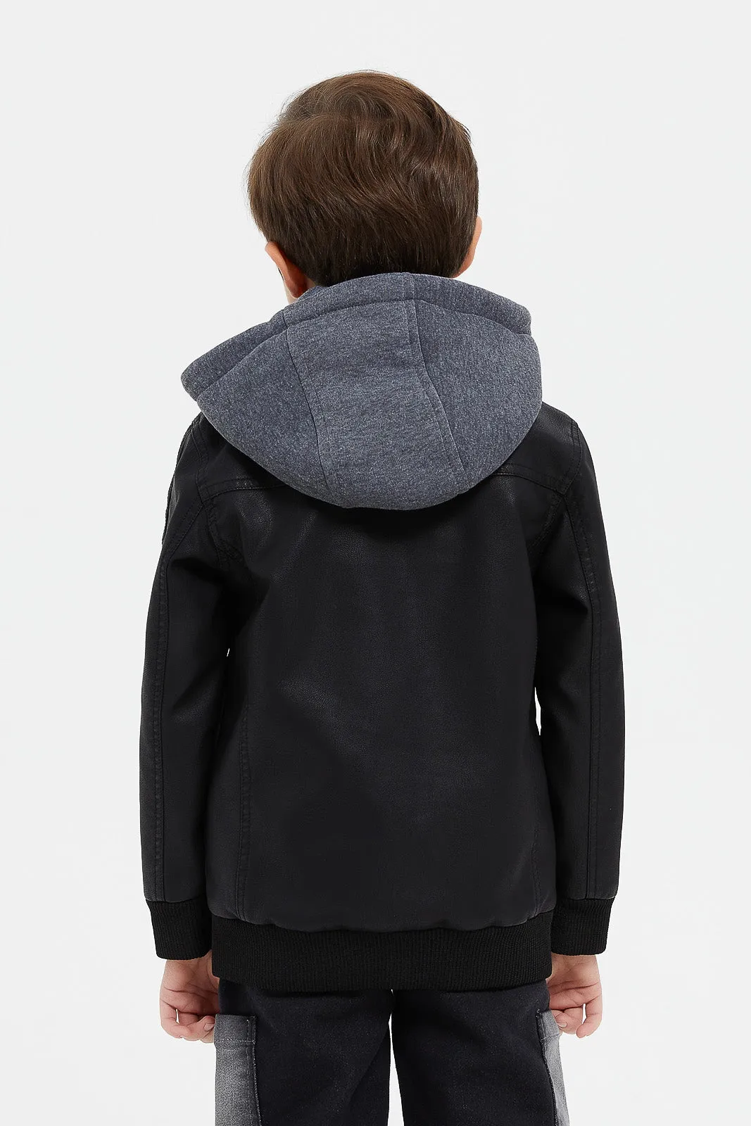 Boys Black Hooded Biker Jacket