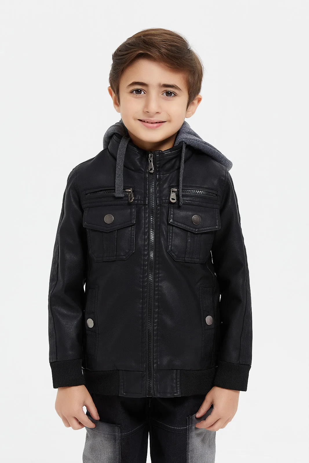 Boys Black Hooded Biker Jacket