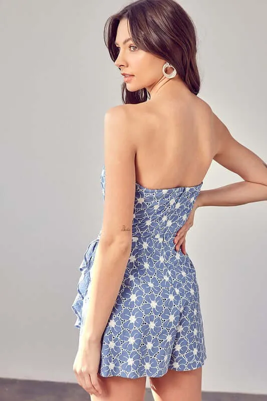 Chambray Eyelet Ruffle Off Shoulder Romper