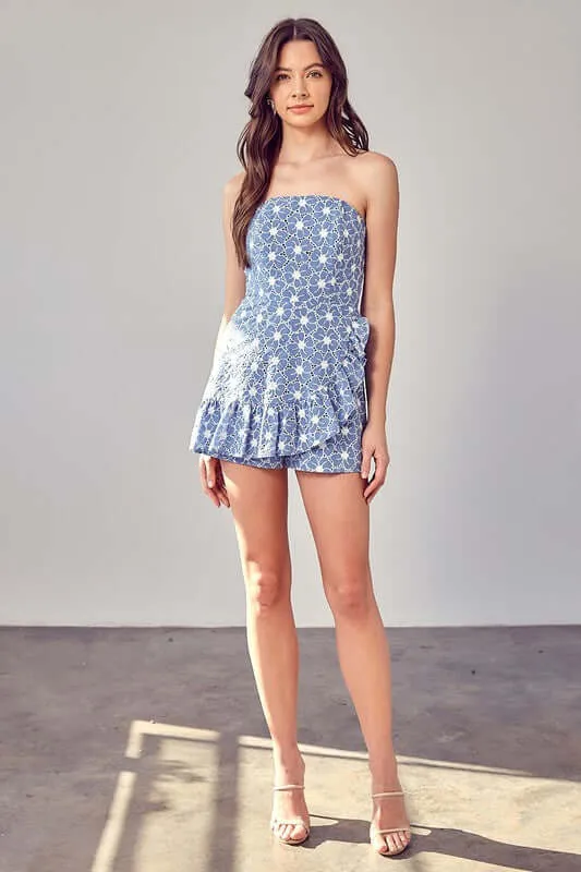 Chambray Eyelet Ruffle Off Shoulder Romper