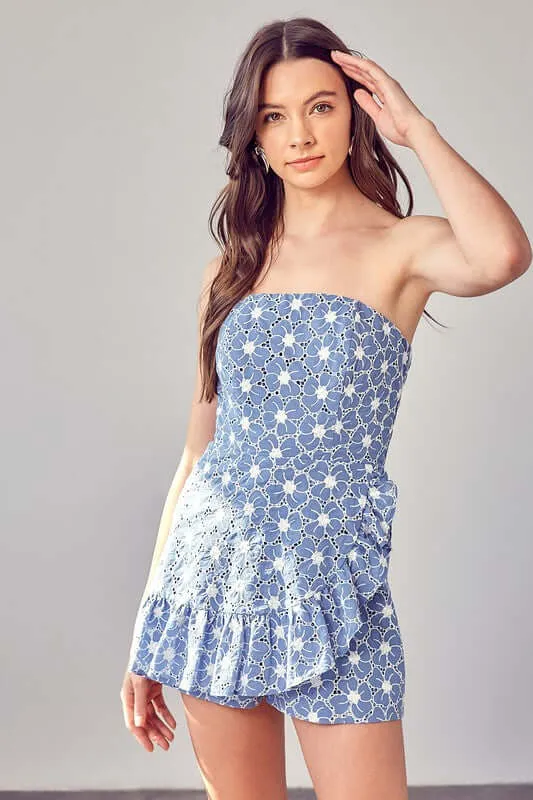 Chambray Eyelet Ruffle Off Shoulder Romper