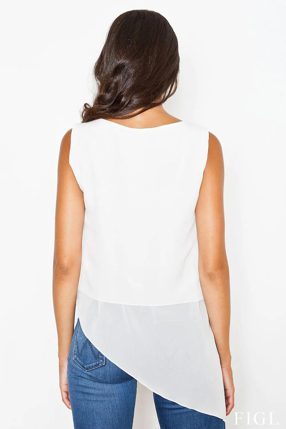 Chic Asymmetrical Hem Sleeveless Blouse with Logo Detail