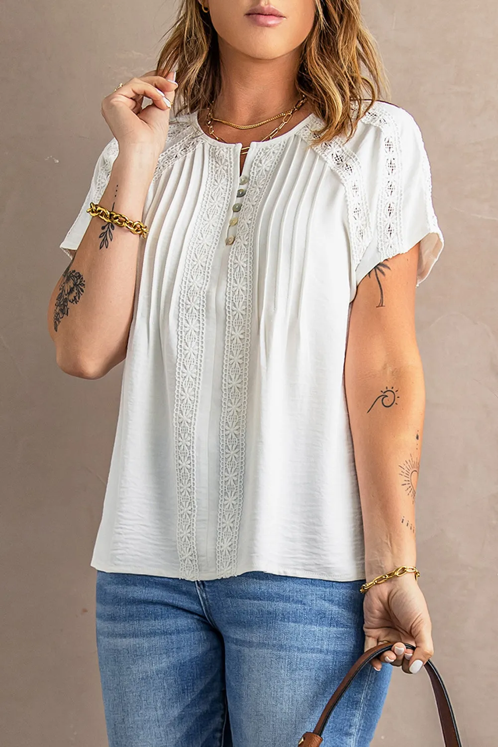 Chic White Crochet Eyelet Short Sleeves Blouse Top