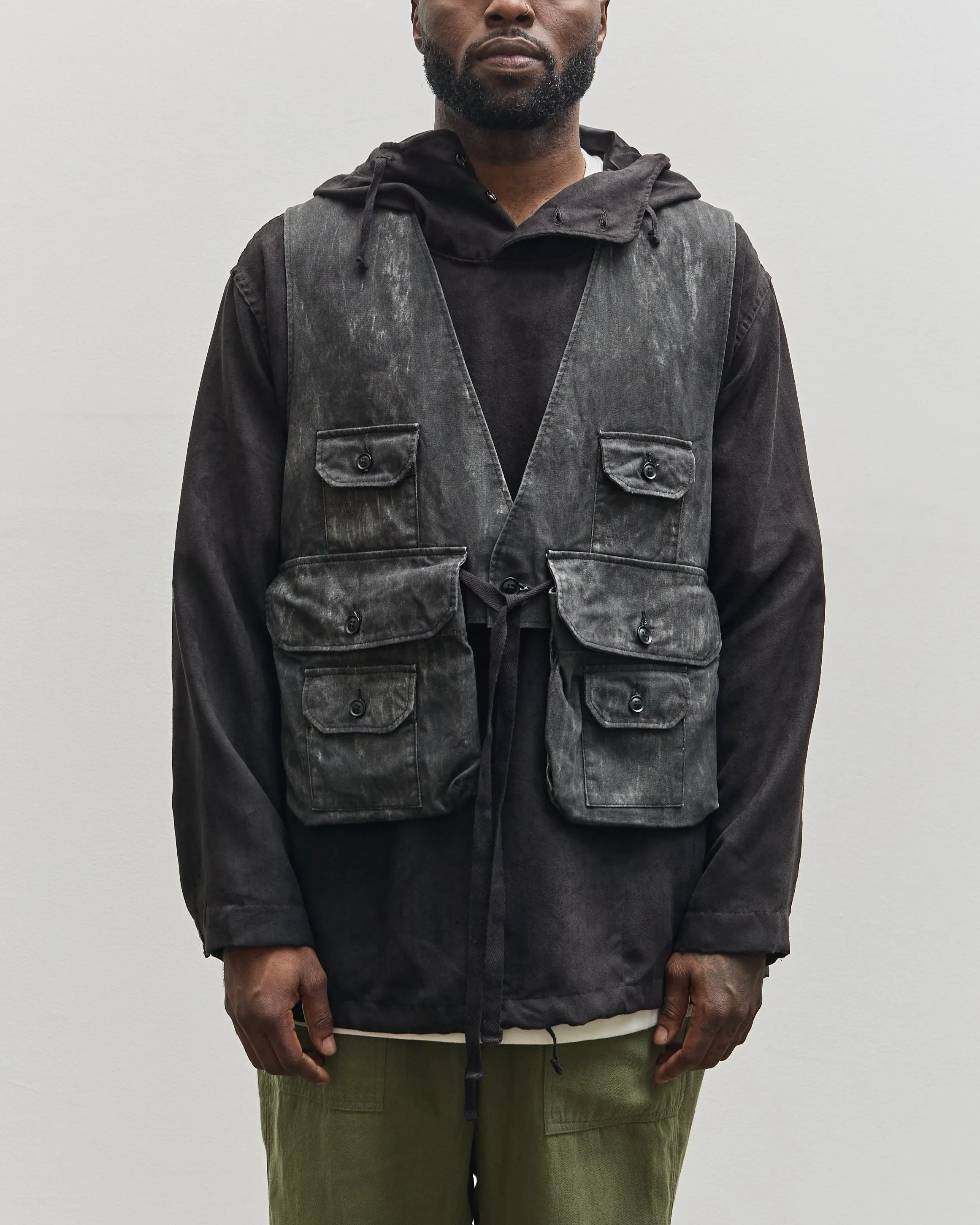 Engineered Garments Fowl Vest, Black Cotton Distressed Print