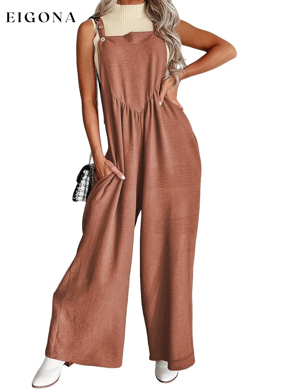 Gold Flame Textured Buttoned Straps Ruched Wide Leg Jumpsuit