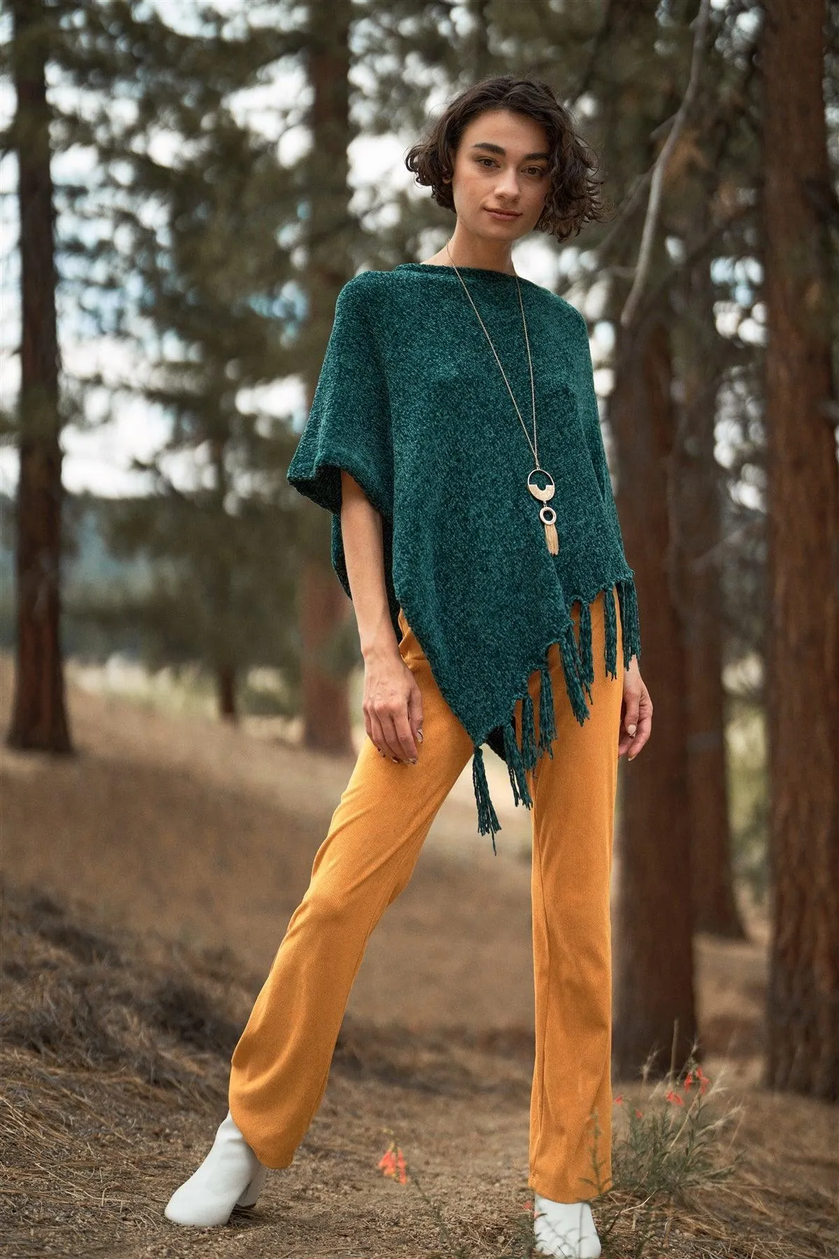 Green Chenille Knit Tassel Fringe Side Trim Poncho /ONE SIZE