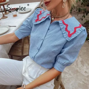 Joskaa Holiday plaid cotton blouse shirt summer  Girlish doll collar women's short tops blue  Soft three quarter sleeve blouses