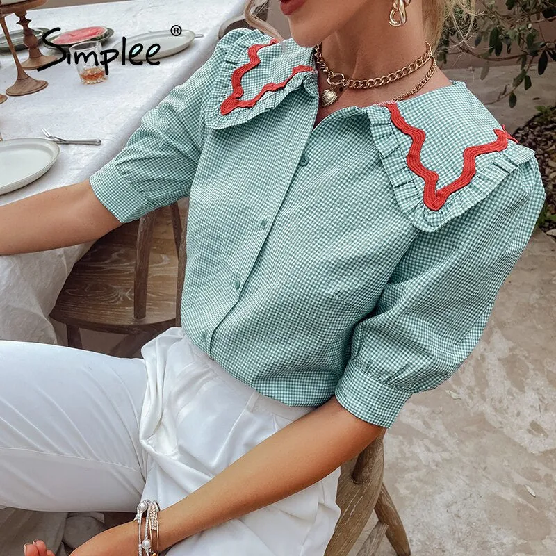 Joskaa Holiday plaid cotton blouse shirt summer  Girlish doll collar women's short tops blue  Soft three quarter sleeve blouses