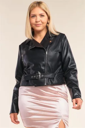 Junior Plus Size Black Oblique Zipper Cropped Vegan Leather Jacket /2-2-2