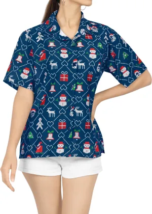 LA LEELA Women's Tropical Santa Claus Party Ugly Hawaiian Christmas Day Shirts Blue