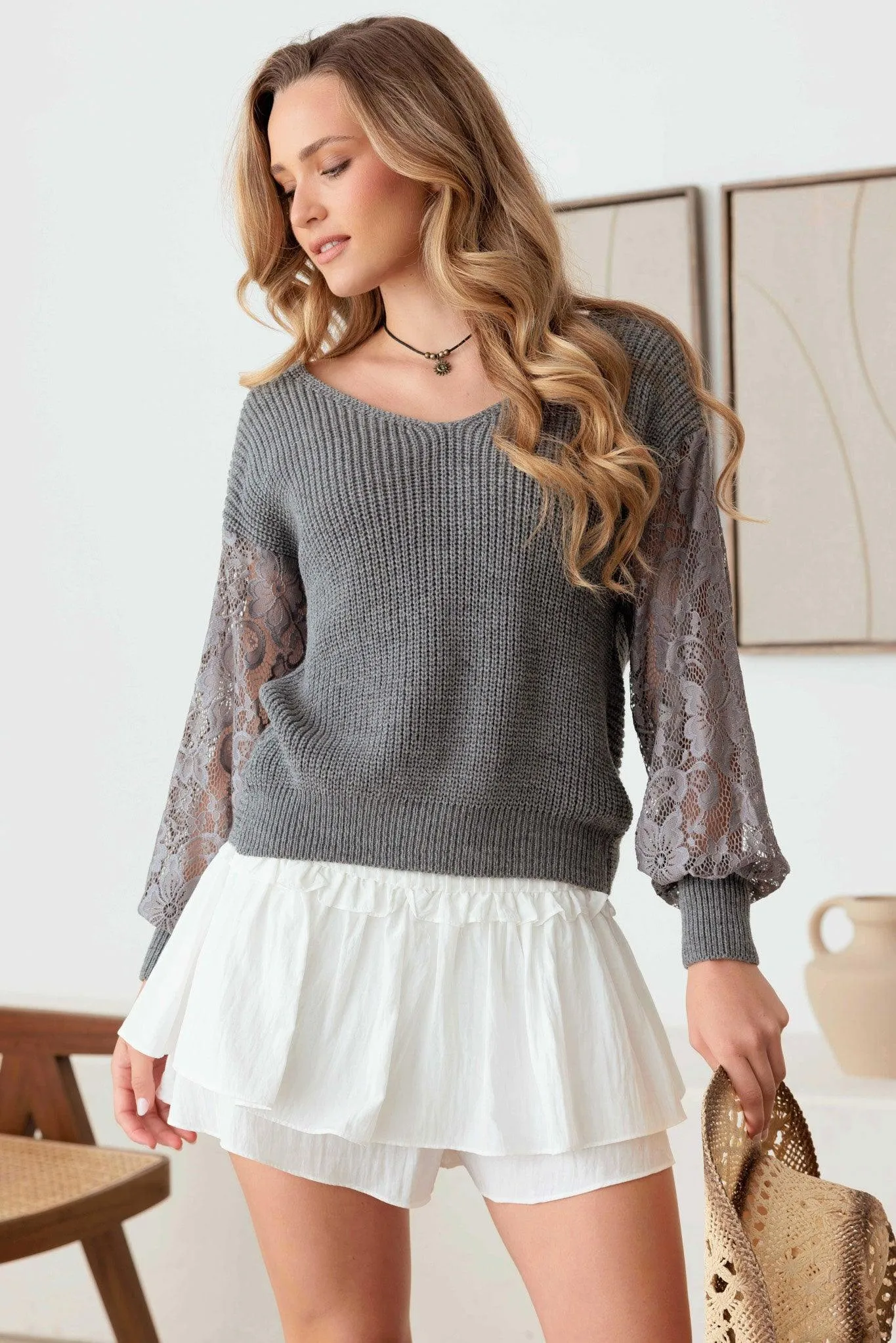 Lace Panel V-Neck Drop Shoulder Back Knot Sweater