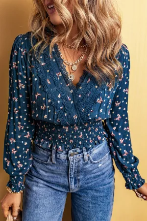 Lace Trim Floral Smocked Blouse