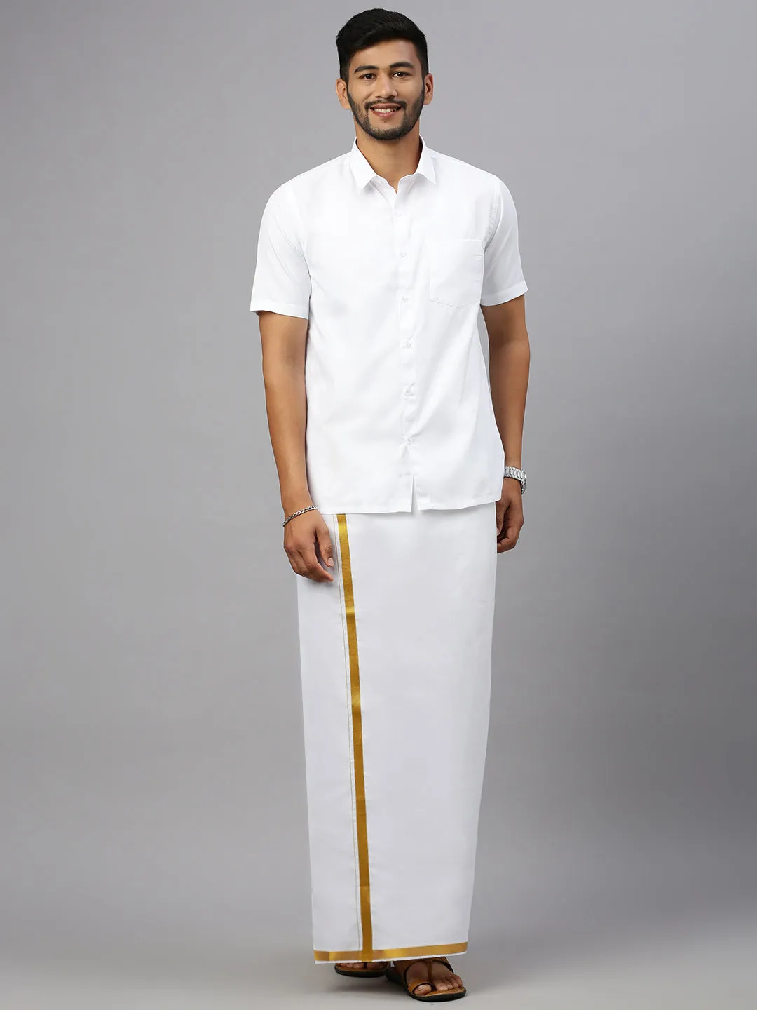 Men Double Dhoti White with Gold Jari 1" Crimson