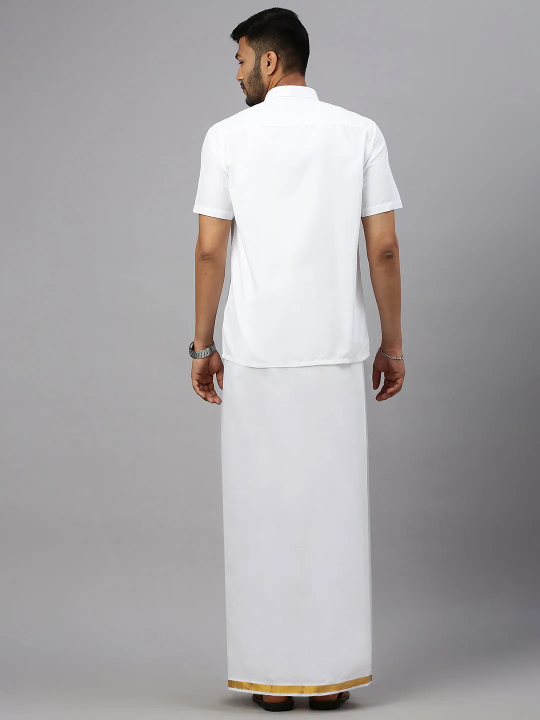 Men Double Dhoti White with Gold Jari 1" Crimson