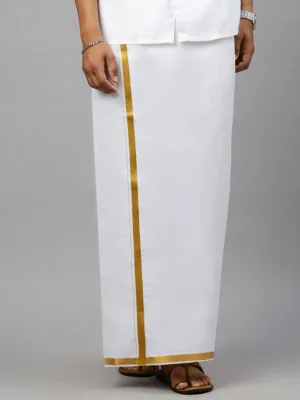 Men Double Dhoti White with Gold Jari 1" Crimson