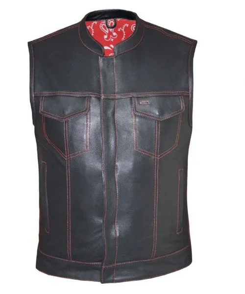 Men's Club Style Leather Vest with Red Paisley Lining