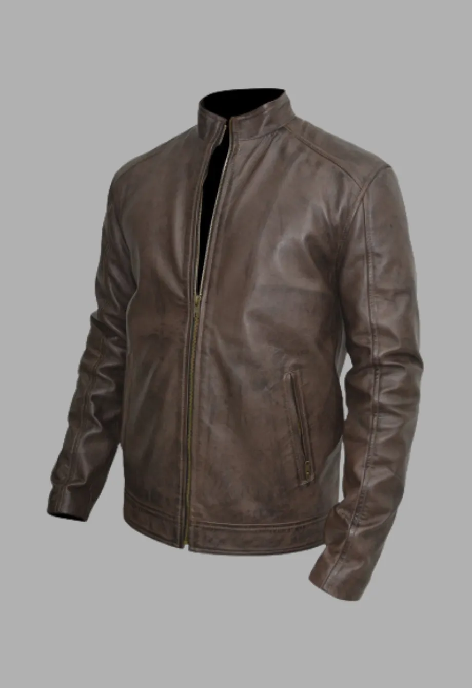 Mens Designer Racer Waxed Brown Leather Jacket