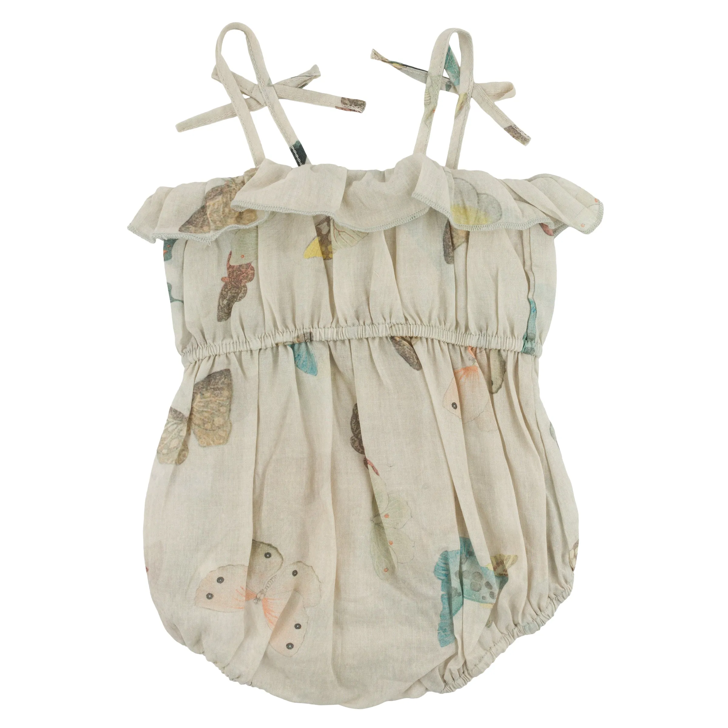 oh baby! Harriet Ruffle Cinched Romper - Butterfly Garden - Natural