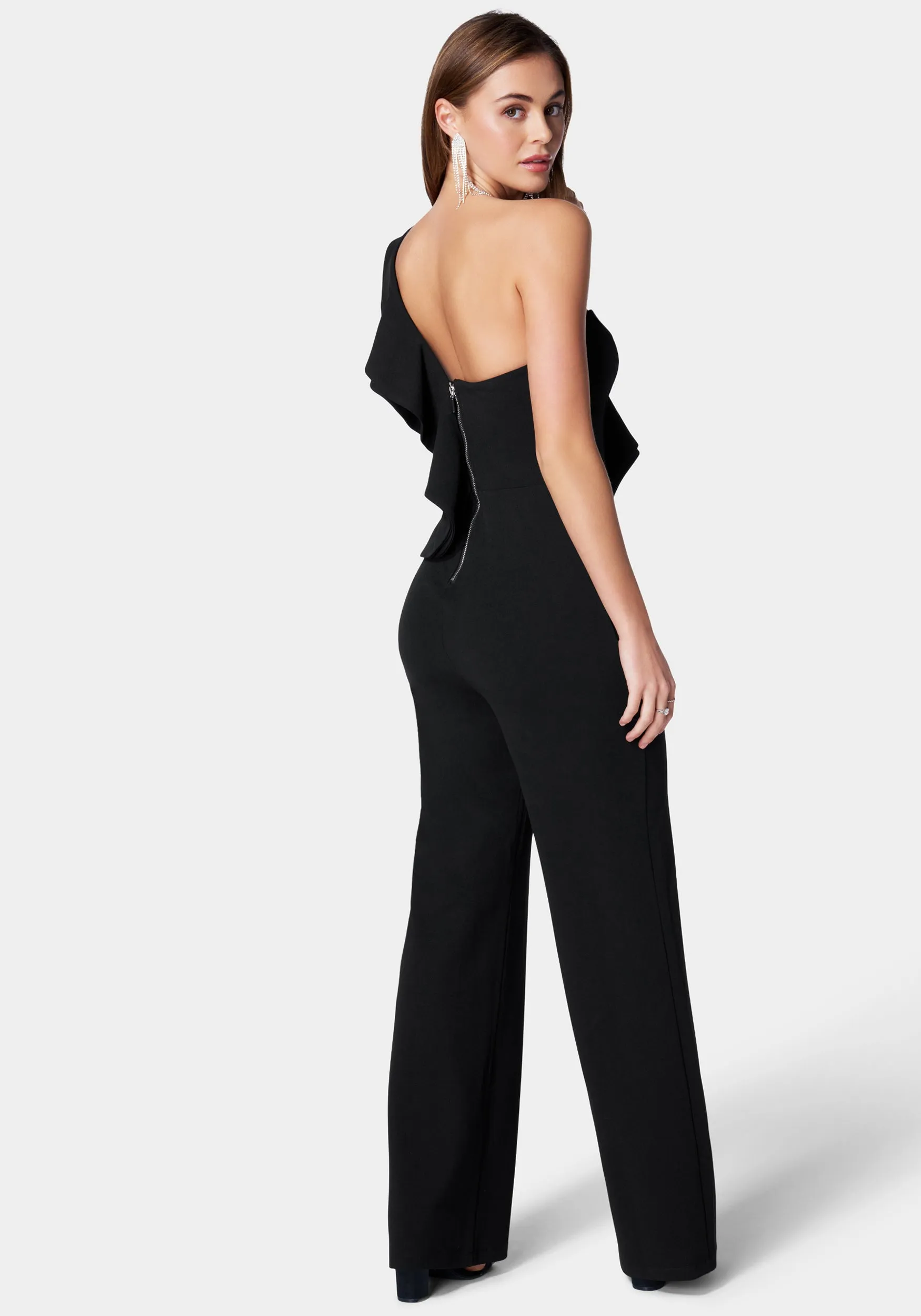 One Shoulder Ruffle Crepe Jumpsuit