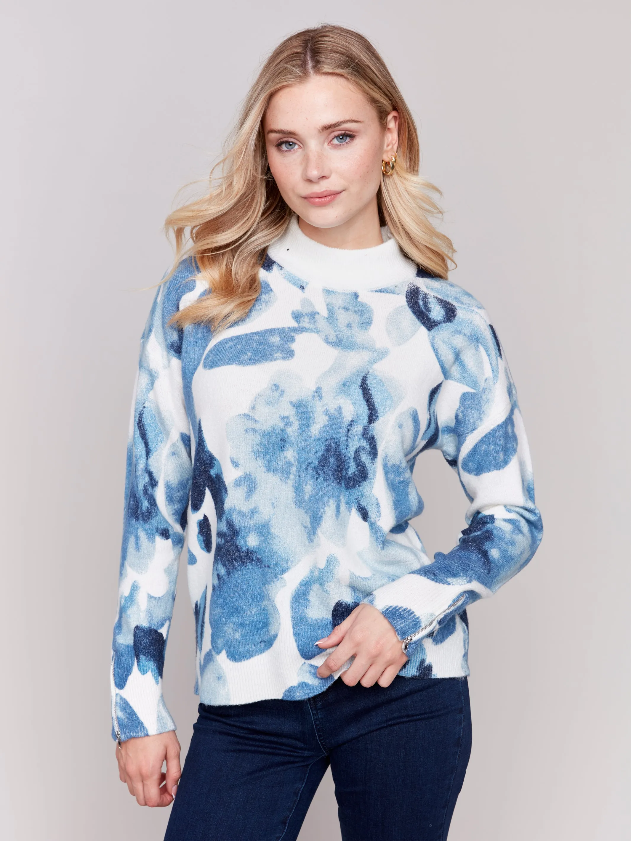 Printed Mock Neck Sweater with Sleeve Zippers