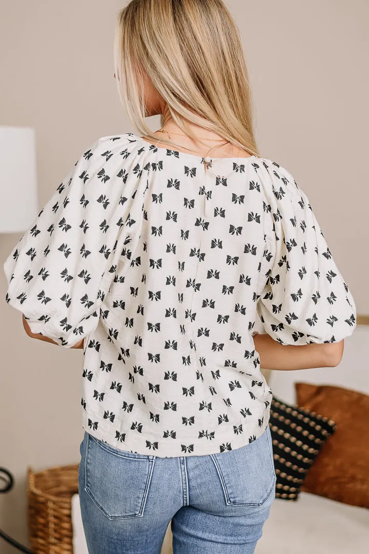 Raglan Bubble Sleeve Bow Print Top