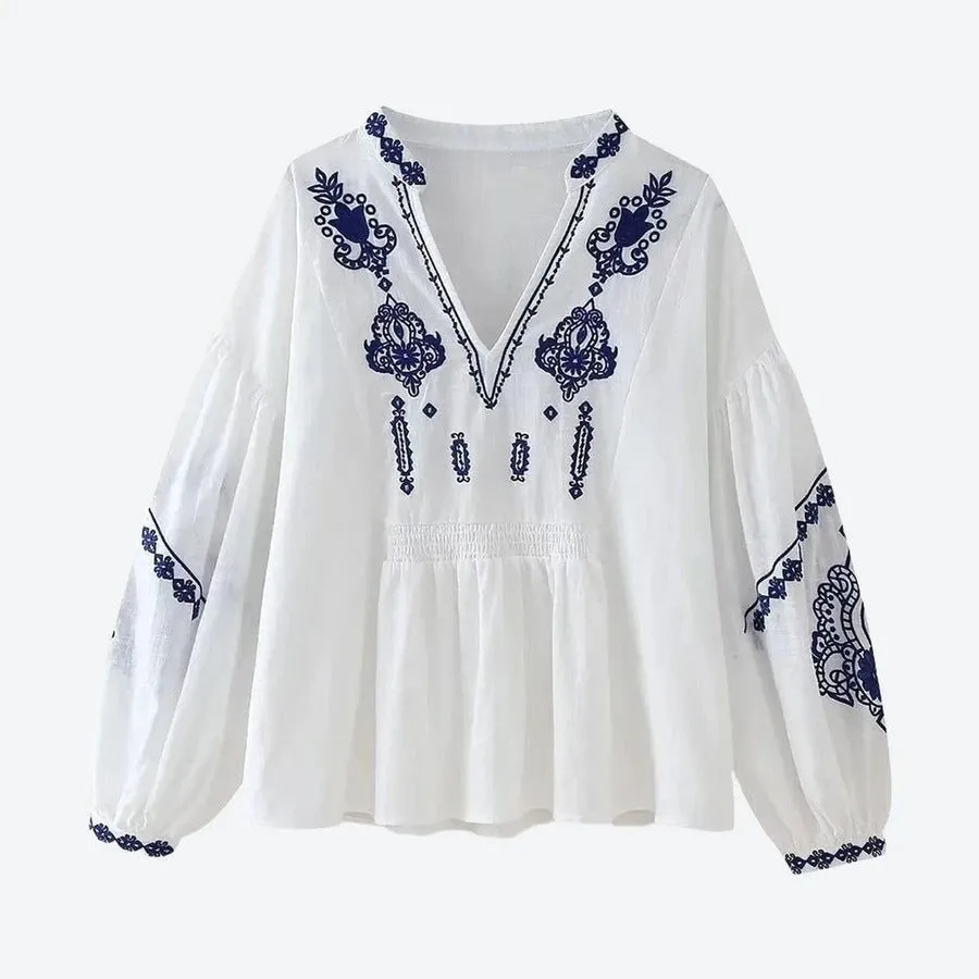 Relaxed Fit Embroidered V-Neck Blouses