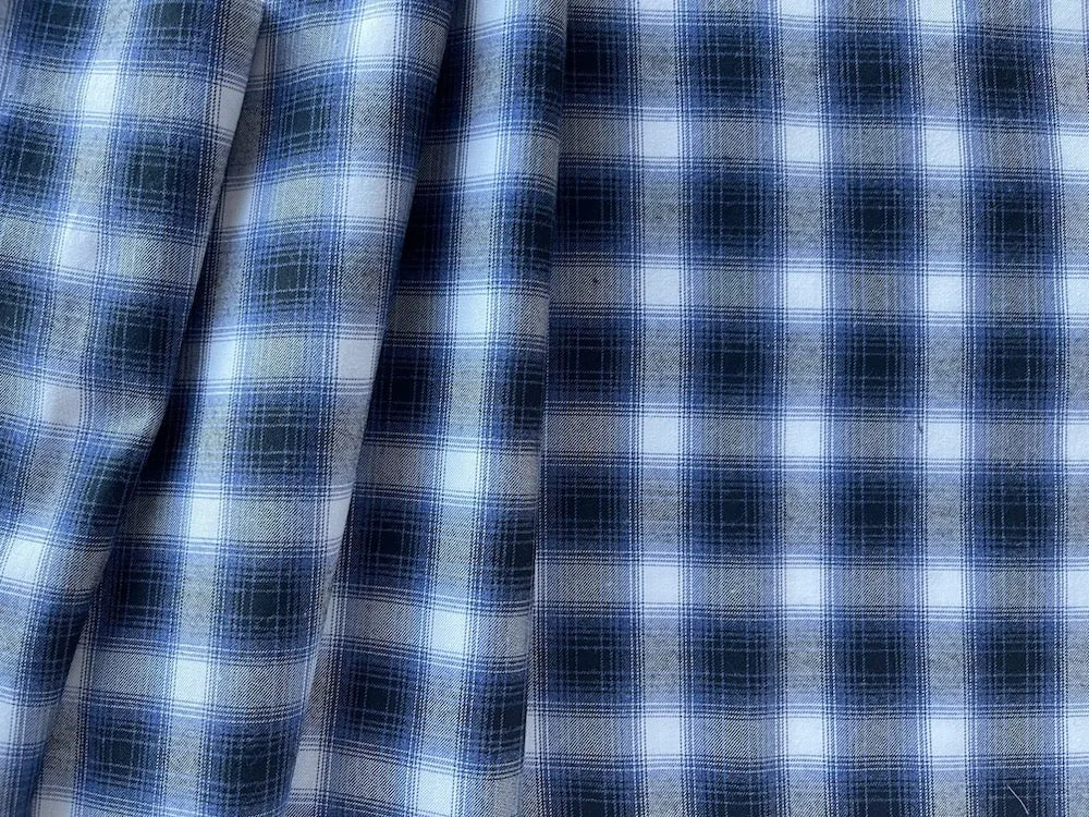 Retro-Inspired Washed Denim Blue, Black & White Plaid Cotton Shirting (Made in Italy)