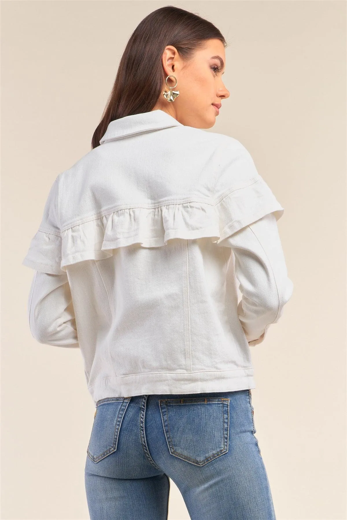 Solid White Long Sleeve Button Down Ruffle Hem Denim Jacket /1-2-2-1