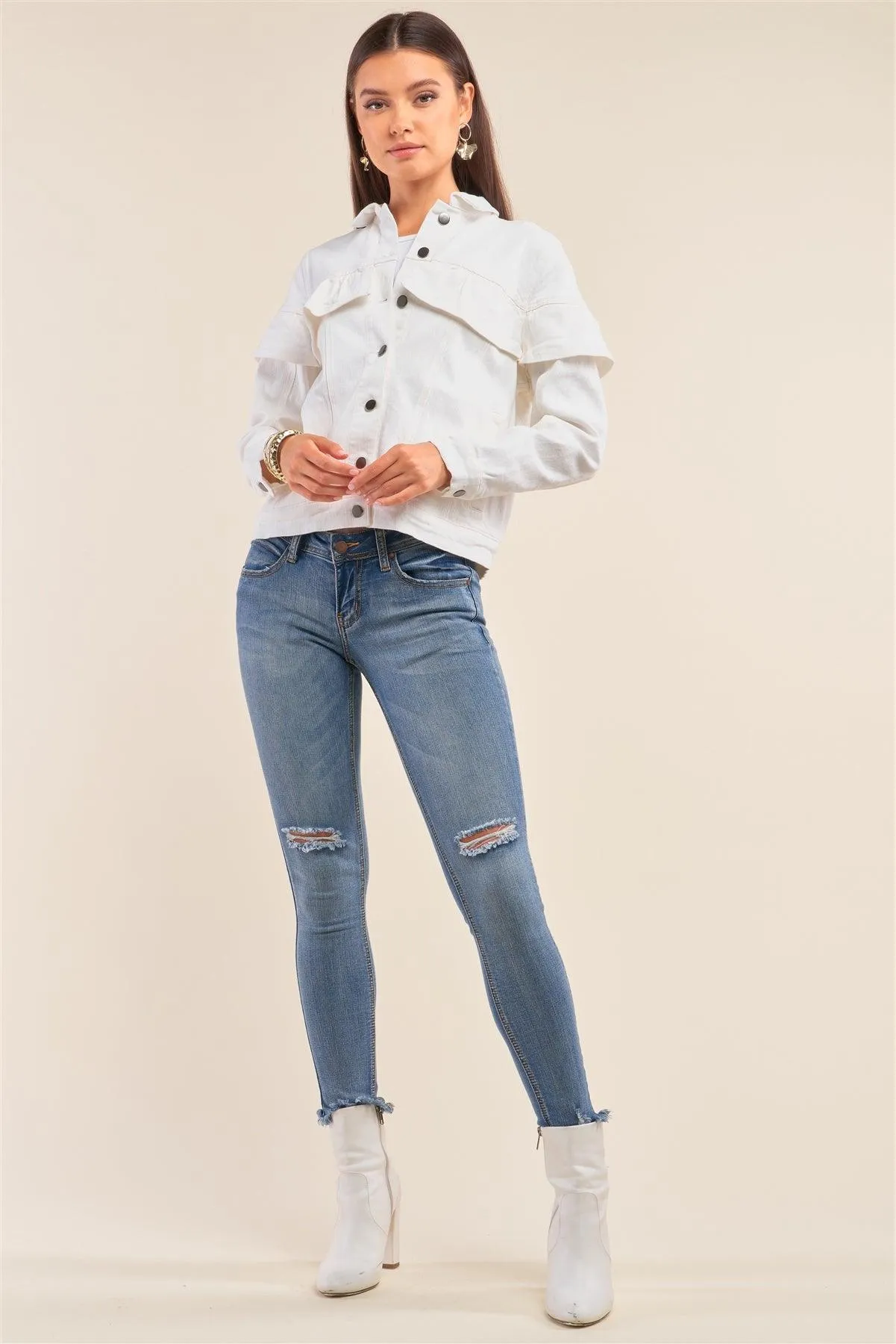 Solid White Long Sleeve Button Down Ruffle Hem Denim Jacket /1-2-2-1