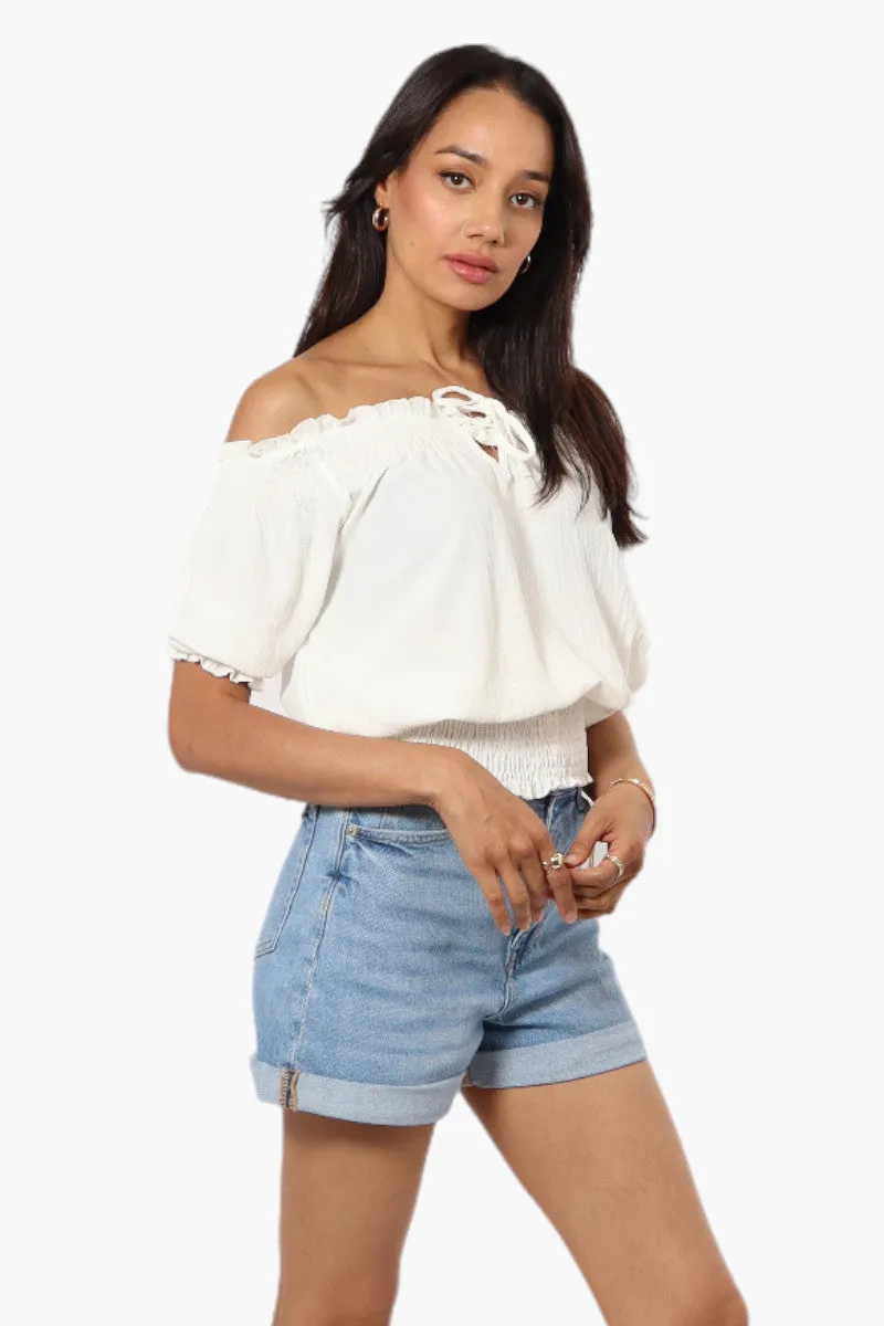 Urbanology Off Shoulder Tie Front Smock Blouse - White