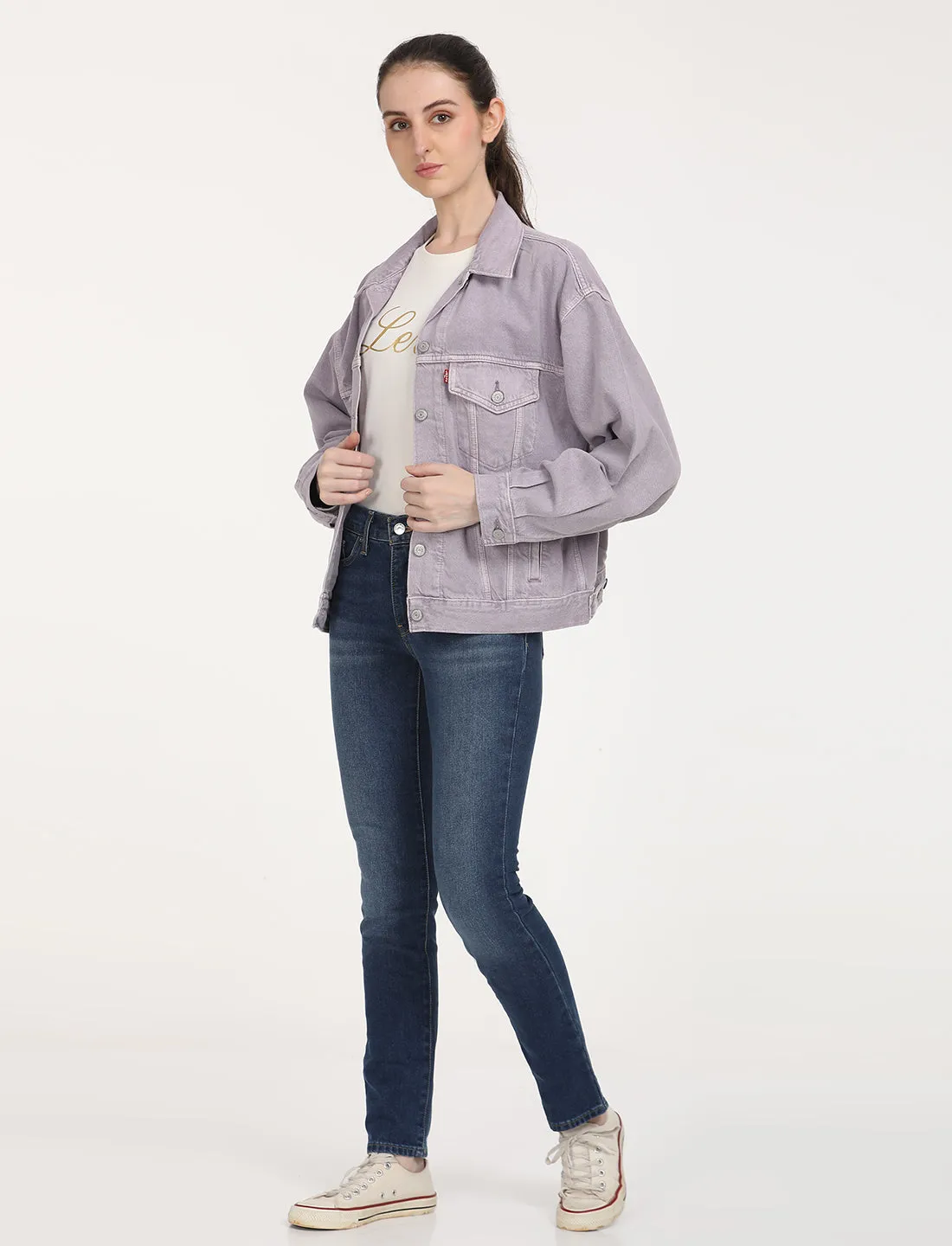 Women's Solid Purple Spread Collar Trucker Jacket