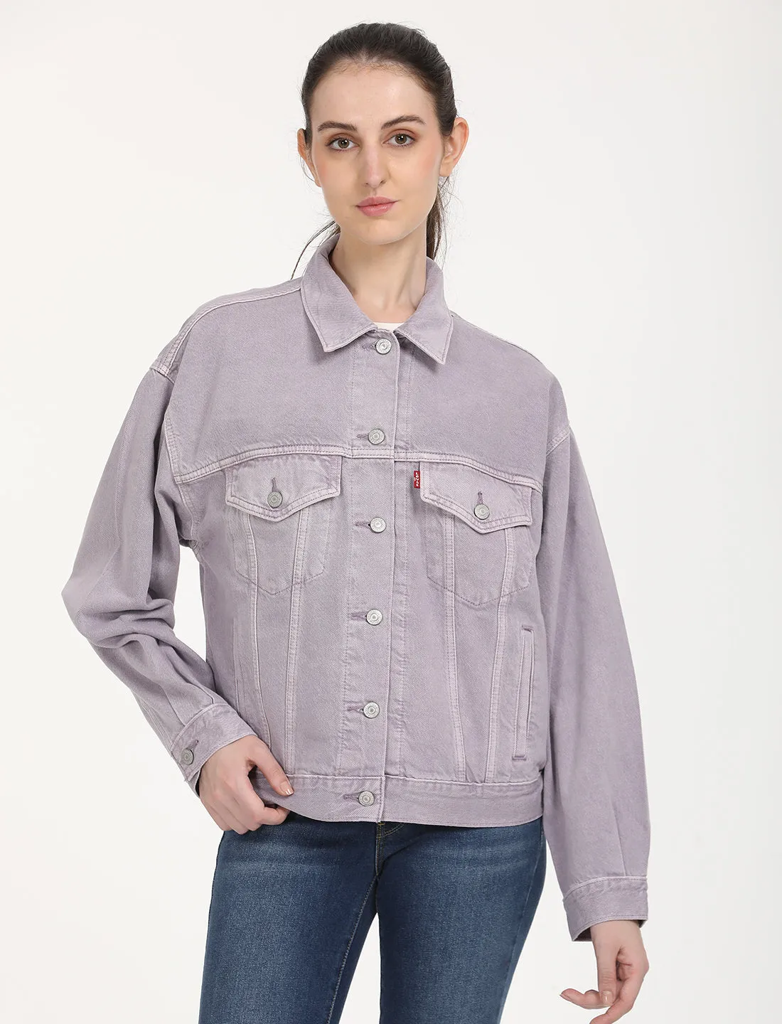 Women's Solid Purple Spread Collar Trucker Jacket